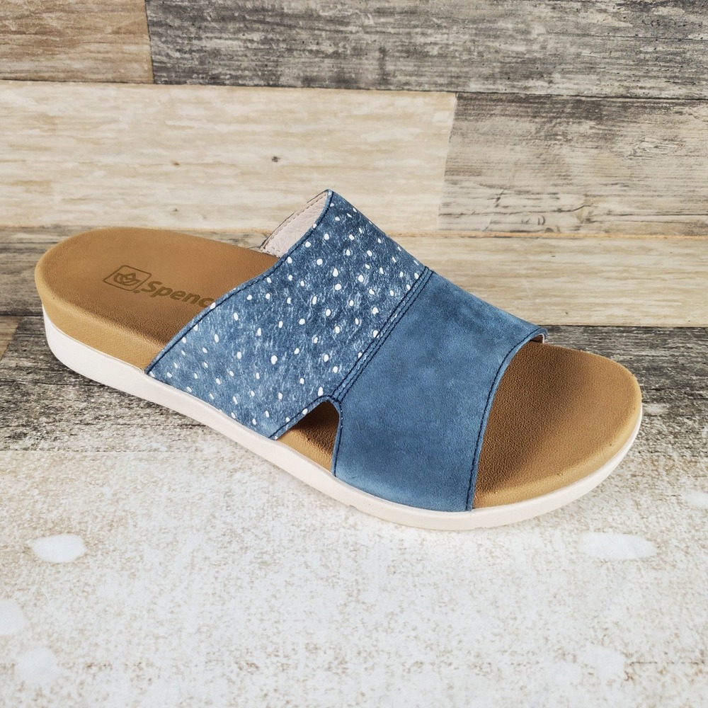 Spenco Dawn Womens Slide Sandals Sz 7.5 B Blue Ostrich Suede Leather Slip On